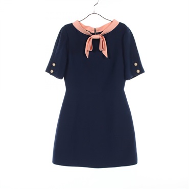 GUCCI Bow-Tie Short Sleeve Dress 453979 Wool Silk Navy Pink #36 Used Women