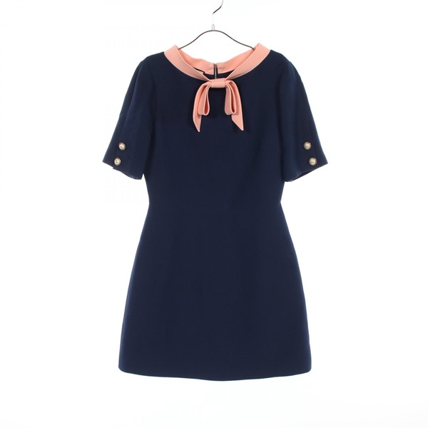 GUCCI Bow-Tie Short Sleeve Dress 453979 Wool Silk Navy Pink #36 Used Women