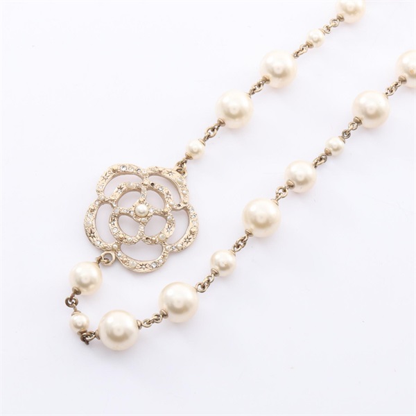 CHANEL Camellia COCO Mark Necklace 94cm Gold Plated Artificial pearl rhinestone