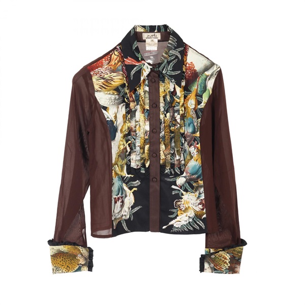 HERMES H de LINARES blouse shirt #40 silk Brown Multicolor Used