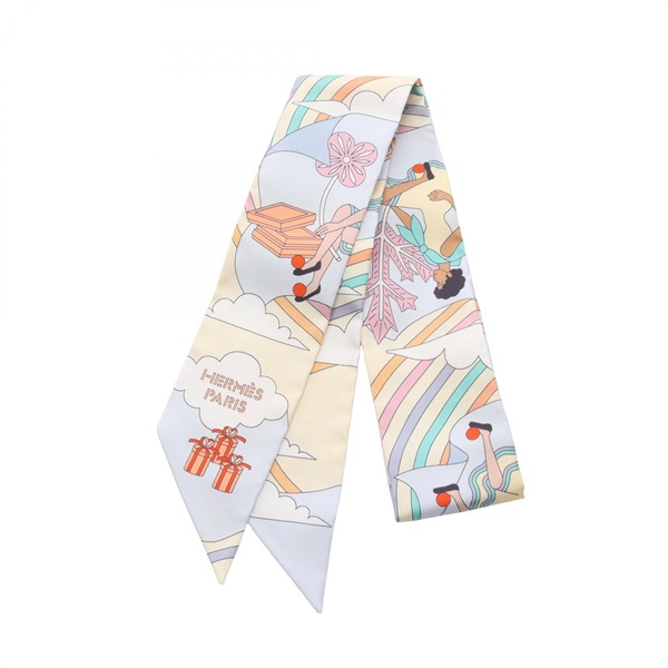 HERMES Twilly CARRES VOLANTS Scarf silk Beige Blue Multicolor Used Women