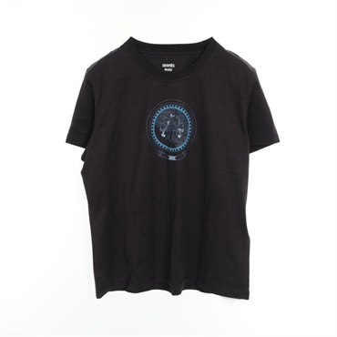HERMES Cartouche Colors de Jour Blue Black T-shirt Tops cotton Used Women #40