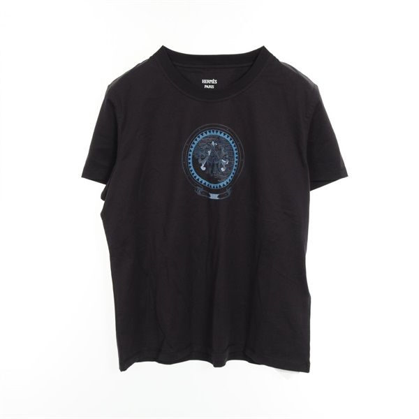 HERMES Cartouche Colors de Jour Blue Black T-shirt Tops cotton Used Women #40