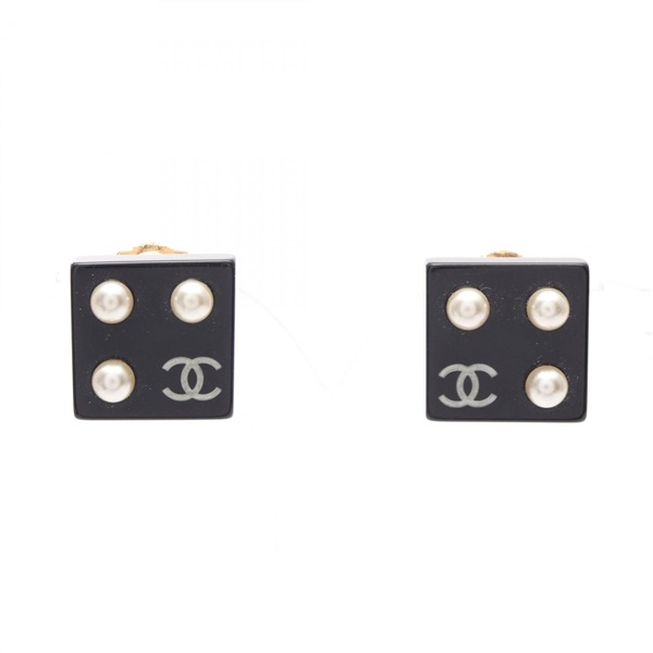 CHANEL Earrings Gold plated Plastic Artificial pearl Black White Used women CC