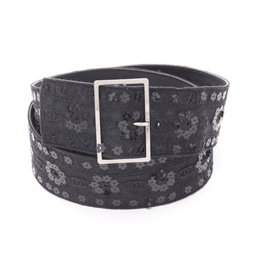 CHANEL COCO Mark Belt leather Fabric Black Used Women CC