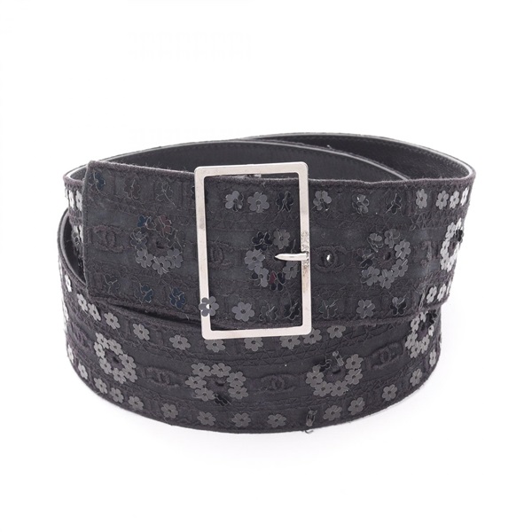 CHANEL COCO Mark Belt leather Fabric Black Used Women CC