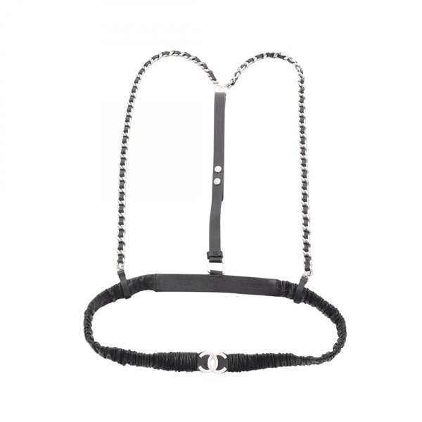 CHANEL COCO Mark belt leather Black Used Women SHW CC