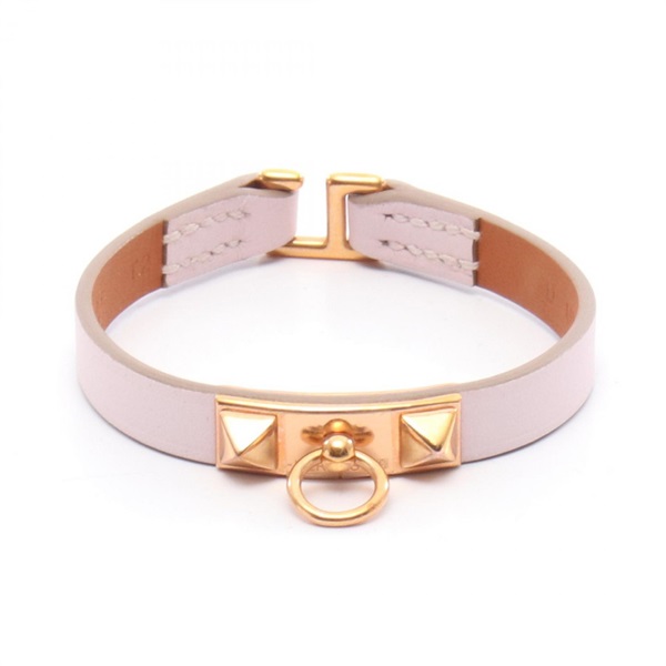 HERMES Rivale mini Bracelet Swift leather Gold Plated mauve pail Used Women