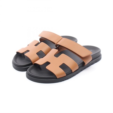 HERMES Chypre Sandals flat leather Brown Black Women ＃38