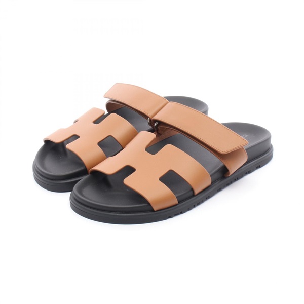 HERMES Chypre Sandals flat leather Brown Black Women ＃38