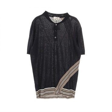 HERMES knit wear Tops short sleeve cotton Navy Beige Used mens ＃L