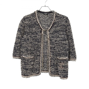 CHANEL COCO Mark Chain knit jacket cardigan P40652 Rayon Nylon Navy Beige Used