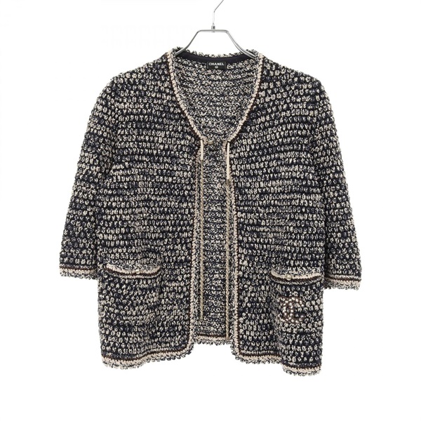 CHANEL COCO Mark Chain knit jacket cardigan P40652 Rayon Nylon Navy Beige Used