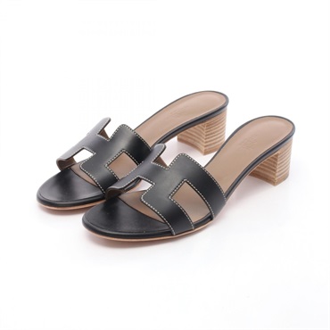 HERMES Oasis Sandals Mules leather Black Size 38 5cm Heels Used Women