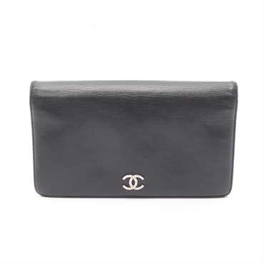 CHANEL CC Logo Bi-fold Purse Wallet Calfskin Black SHW Used Women