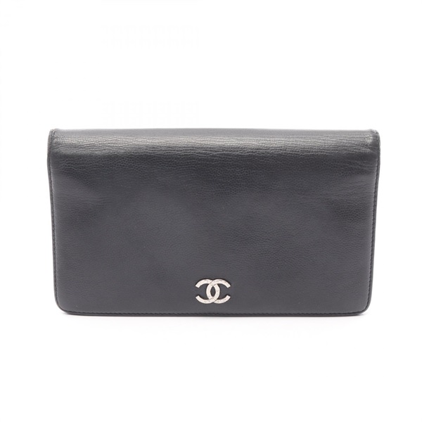 CHANEL CC Logo Bi-fold Purse Wallet Calfskin Black SHW Used Women