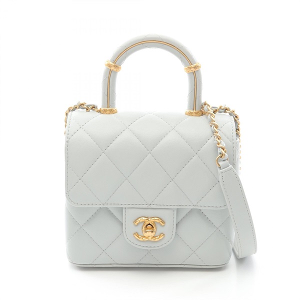 CHANEL Matelasse Top Handle Mini Flap Chain Shoulder Bag AS4035 Lambskin BLU GHW