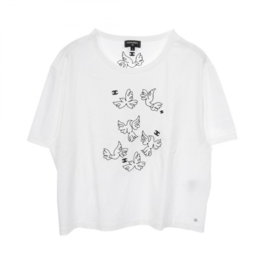 CHANEL COCO Mark T-shirt short sleeve cotton White Black Used Women #L