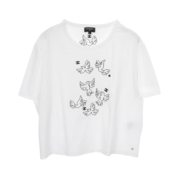 CHANEL COCO Mark T-shirt short sleeve cotton White Black Used Women #L