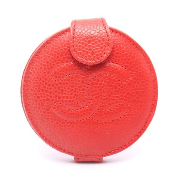 CHANEL CC Logo Compact Mirror Calfskin Red GHW Used Women