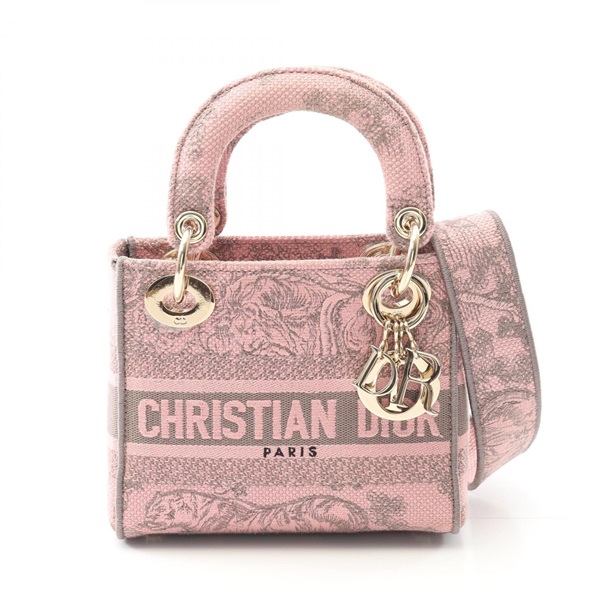 Christian Dior LADY D-LITE Small 2Way Shoulder Handbag Canvas Pink Gray Used CD