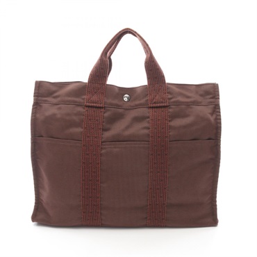 HERMES Herline MM Hand Tote Bag Nylon canvas Brown Used unisex SHW