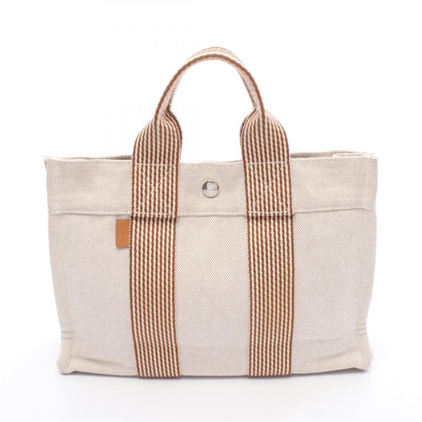 HERMES New Fourre-tout PM Hand Tote Bag canvas Beige Brown Used Women SHW