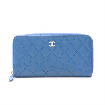 CHANEL Matelasse Around long Wallet Purse Lambskin Blue SHW Used Women