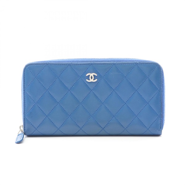 CHANEL Matelasse Around long Wallet Purse Lambskin Blue SHW Used Women