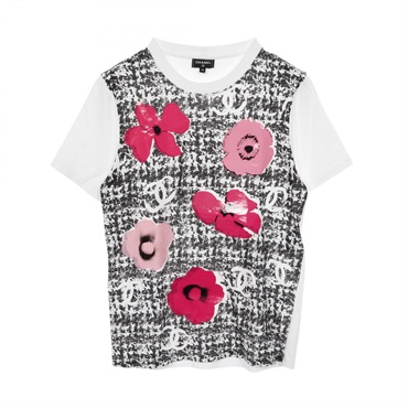 CHANEL Camellia Tweed Print T-shirt P77172K11134 cotton White Black #XS Women