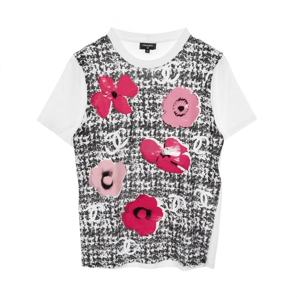 CHANEL Camellia Tweed Print T-shirt P77172K11134 cotton White Black #XS Women