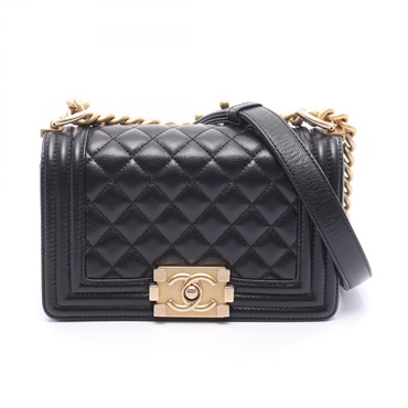 CHANEL Boy Chanel Small Chain Shoulder Bag Grained calfskin Black Used Women GHW
