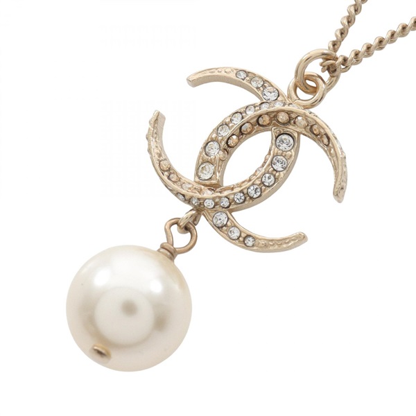CHANEL COCO Mark Necklace Gold Plated Rhinestone Artificial pearl Used women CC