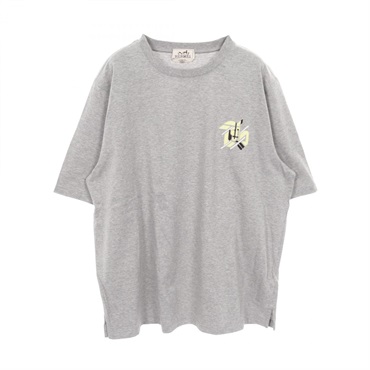 HERMES mini leather patch T-shirt short sleeve cotton Gray mens #L