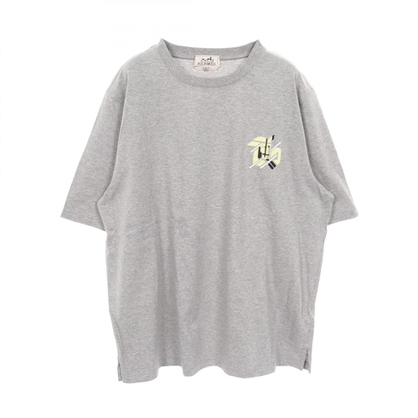 HERMES mini leather patch T-shirt short sleeve cotton Gray mens #L