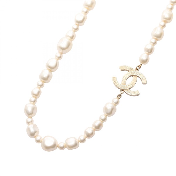 CHANEL COCO Mark Necklace Gold Plated Artificial pearl White Used Women CC