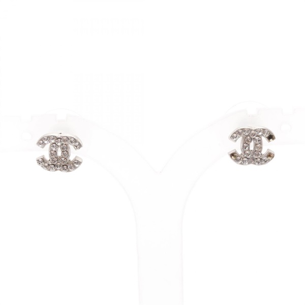 CHANEL COCO Mark Pierced earrings Stainless Steel Rhinestone Silver Used women