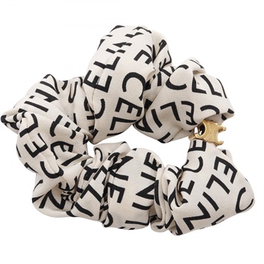 CELINE Triomphe Anagram Scrunchie silk Beige Black Used Women
