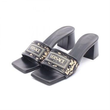 VERSACE Logo Heeled Sandals Mules Leather Fabric Black Beige Size 36 Used Women