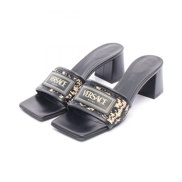 VERSACE Logo Heeled Sandals Mules Leather Fabric Black Beige Size 36 Used Women