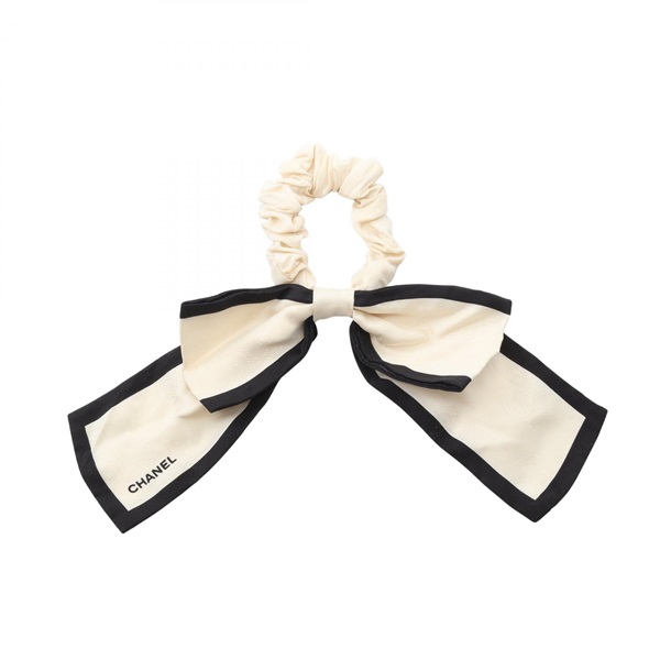 CHANEL Camellia scrunchie Hair accessory silk White Black Used Women CC Coco