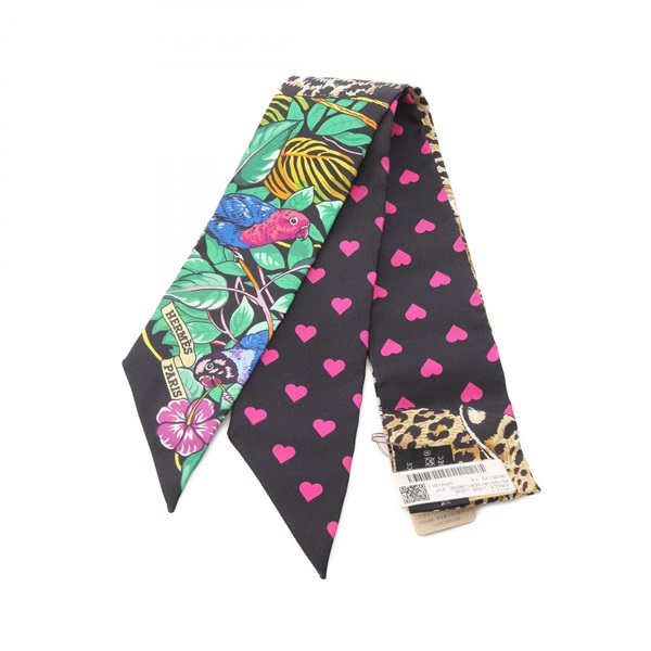 HERMES Twilly JUNGLE LOVE Scarf silk Black Green Pink Multicolor Used Women