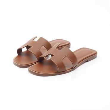 HERMES Oran Sandal Mule Flat leather Brown Used Women size 36