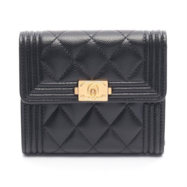 CHANEL Boy Chanel Tri-fold Wallet A80734 Calfskin Black Used Women