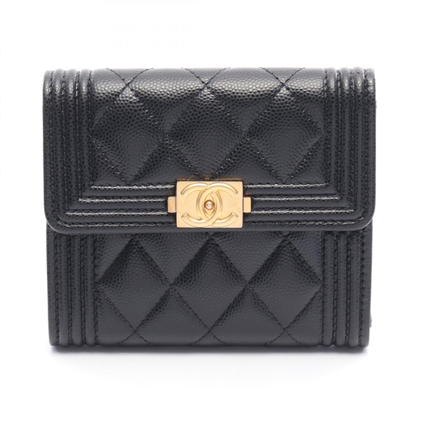 CHANEL Boy Chanel Tri-fold Wallet A80734 Calfskin Black Used Women