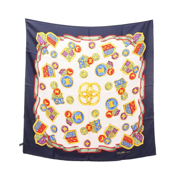 CELINE Triomphe Scarf silk Navy White Multicolor Used Women
