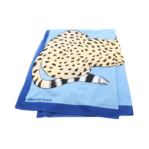 HERMES Pareo Stole wrap scarf Cotton Blue Beige Multicolor Used Women