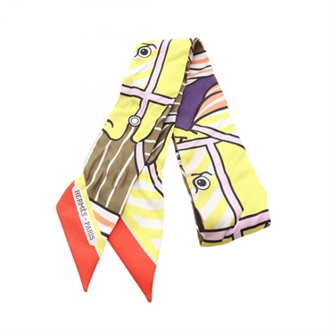 HERMES Twilly QUADRIGE BAYADERE Scarf silk Yellow Orange Multicolor Used Women