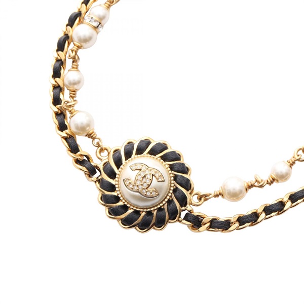 CHANEL COCO Mark choker neckace 30-36cm GHW leather Artificial pearl  rhinestone