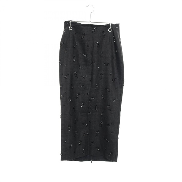 Nﾟ 21 Bijou Flower long tight skirt Fabric linen cotton Black Used Women #40